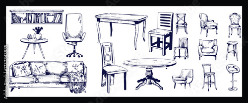 Doodle sketch of living room furniture, hand-drawn in different sizes and types, modern and vintage. Scandinavian furniture Interior elements Boho style. Vector illustration