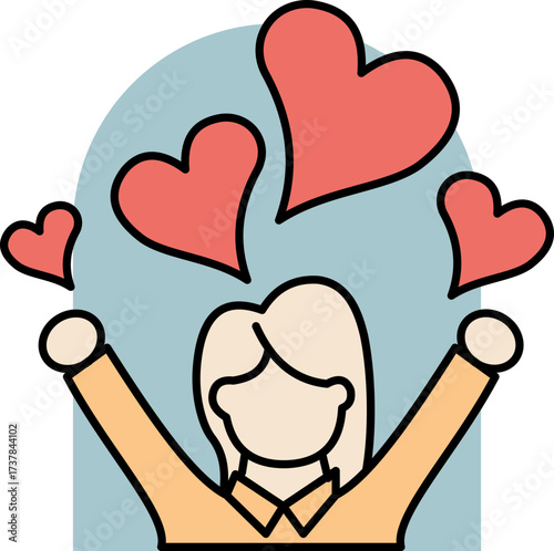 Woman expressing love and happiness with heart icons in a modern illustration
