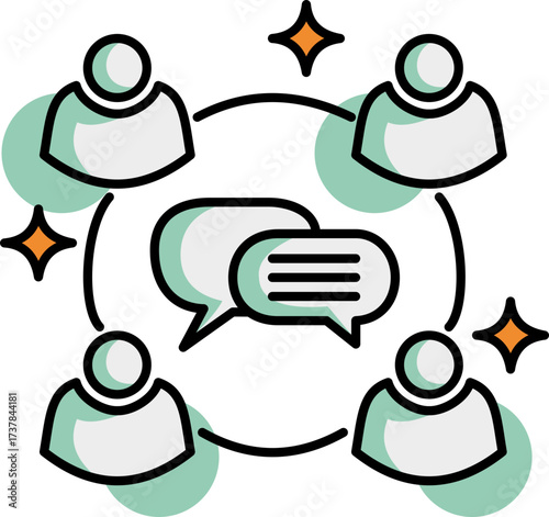 Illustration of communication and teamwork featuring stylized people icons and speech bubbles