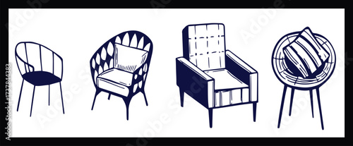 Doodle sketch of living room furniture, hand-drawn in different sizes and types, modern and vintage. Scandinavian furniture Interior elements Boho style. Vector illustration