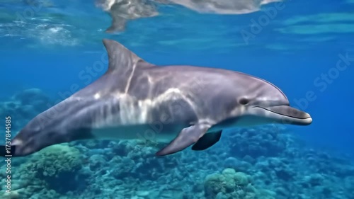 Wallpaper Mural Underwater shot showcases a dolphin swimming gracefully in a vast ocean environment, with sunlight gently illuminating the marine life beneath the surface creating a scene of tranquility. Torontodigital.ca