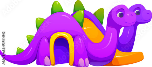 Colorful inflatable dinosaur bounce house with two smiling heads, spikes, and an orange slide. Fun cartoon vector trampoline park bouncy castle for children parties, festivals, or indoor play centers