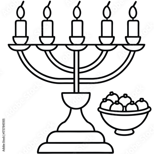 Hanukkah candelabra with five lit candles is next to a bowl full of apples