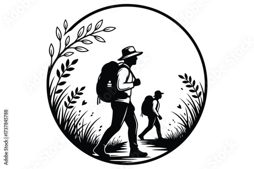 Vector art of a captivating silhouette illustration of hikers amidst nature, , embodying adventure, exploration, and the serene beauty of the great outdoors