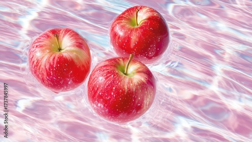 Ripe red apples suspended underwater, casting soft pink reflections revealing freshness and natural beauty