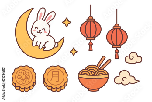 Hand-drawn cute flat vector illustration of Mid-Autumn Festival with rabbit on the moon, lanterns, mooncakes, noodles, clouds, stars in cartoon style. Stickers set on white background. Icon collection