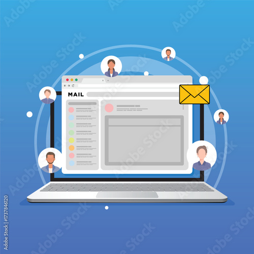 Email notification on laptop. New message. Mail notice on laptop screen. running email campaign, email advertising, direct digital marketing concept. Vector Illustration