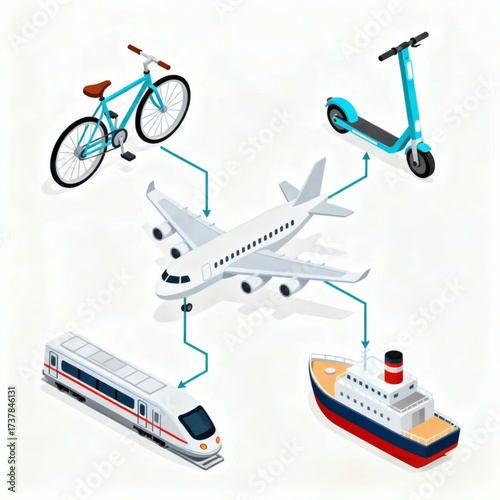Isometric Infographic of Multimodal Transport Airplane,Bicycle,Ship,Train,Electric Scooter System Vector