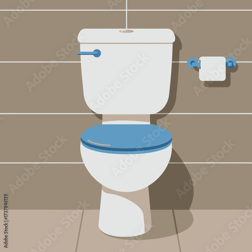 A clean white toilet with a blue seat in a bathroom setting.