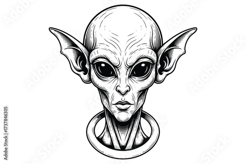 Vector art of eerie alien head illustration, featuring a large cranium, batlike ears, and piercing eyes, rendered in a detailed engraving style