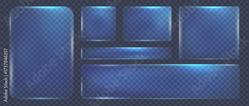 Neon blue glass frames with geometric shape glare, Collection of futuristic hud light blue frame powder size dust, Vector illustration.