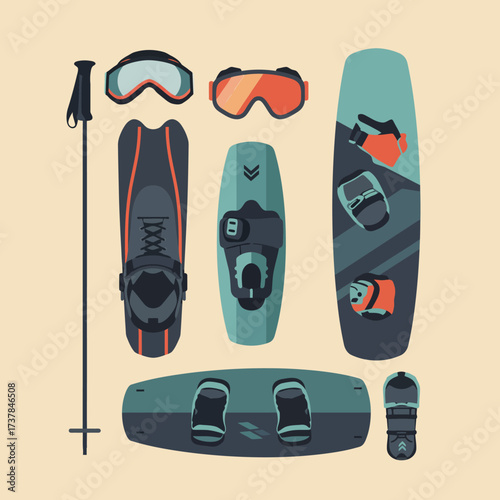 Collection of Kitesurfing and Snowboarding Gear.