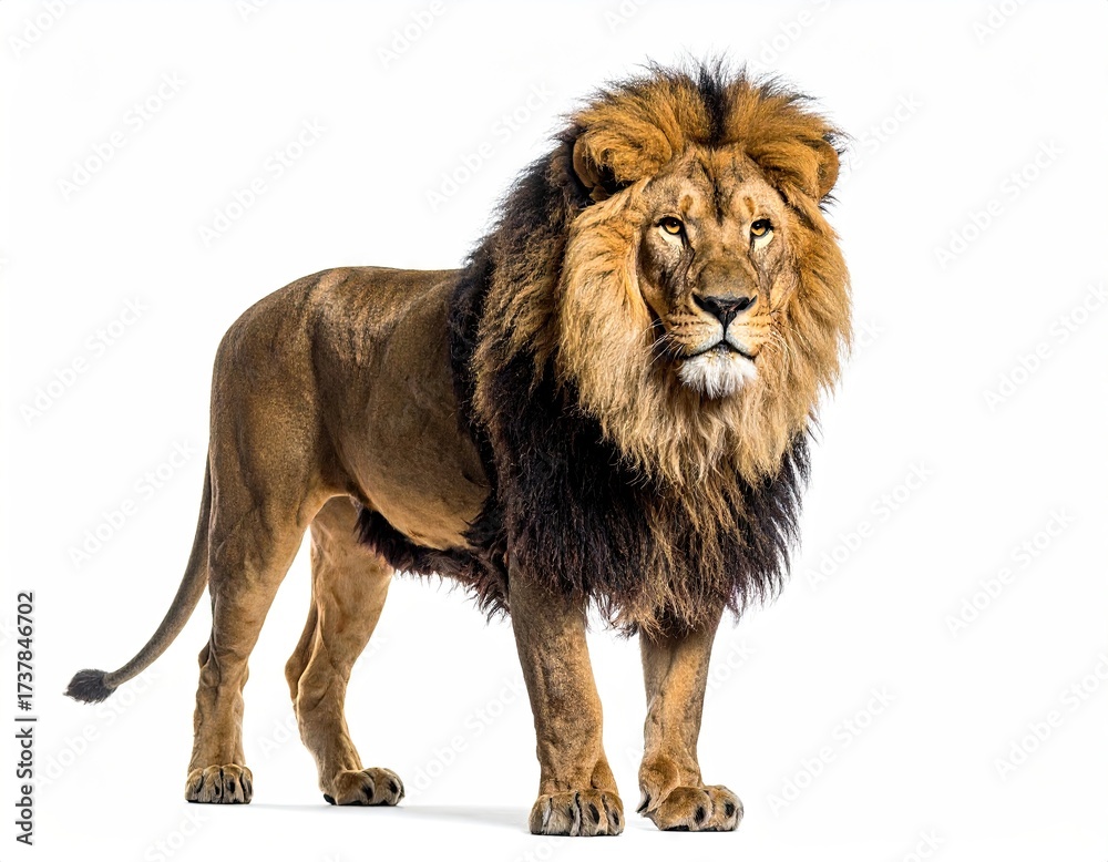 Obraz premium Majestic Lion Standing Proudly with Brown and Black Mane Against Clean White Background Animal Portrait