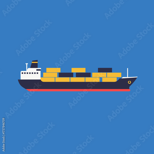 Flat design cargo ship carrying yellow shipping containers.