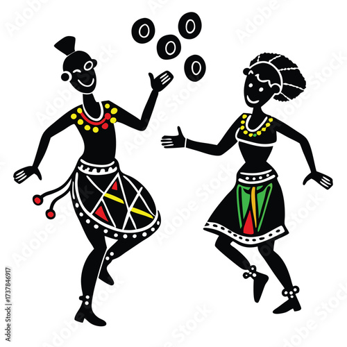 Smiling ethnic African figures are juggling rings in stylized silhouettes over a white background