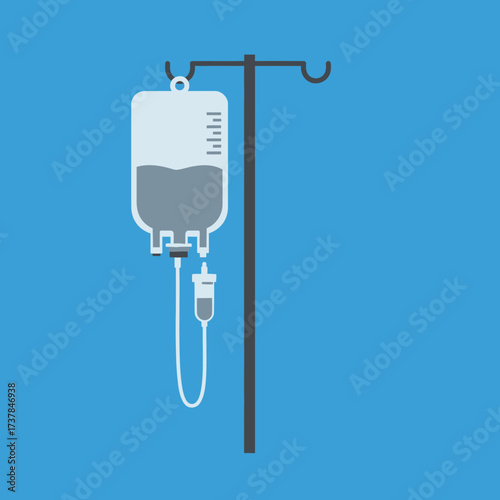 Intravenous drip bag hanging on a stand for medical treatment.