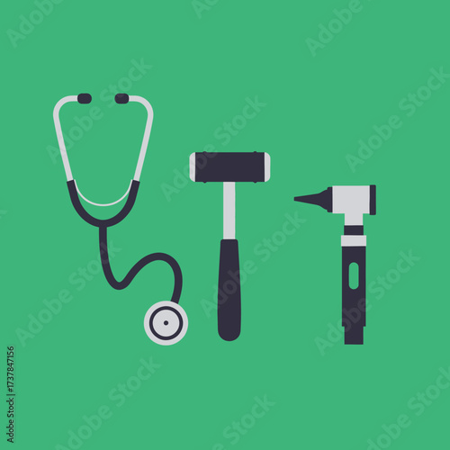 Medical examination tools including stethoscope reflex hammer and otoscope for health checkup.