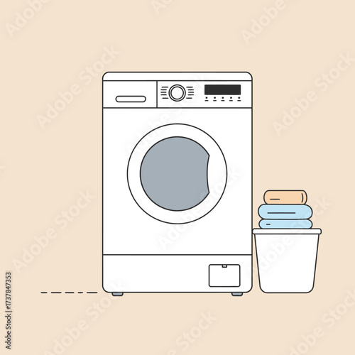 Modern Washing Machine with Laundry Basket and Folded Clothes.