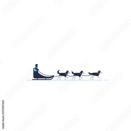 Musher on a dog sled pulled by a team of huskies in a winter landscape.