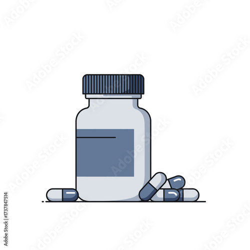 Pill bottle with capsules scattered around it on a white background.