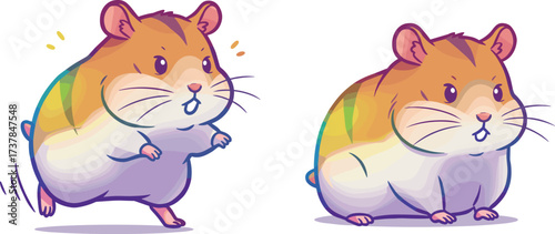 Cartoon hamsters, running and sitting, colorful fur, playful rodents, expressive faces, children illustration, cute animals, dynamic pose, vibrant artwork, fantasy style
