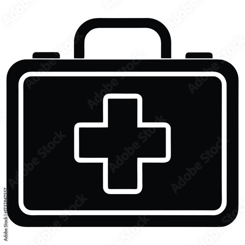 Red and white first aid kit icon with a medical cross symbol for emergency health care
