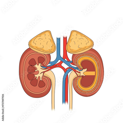Detailed vector illustration showcasing human adrenal glands and kidneys