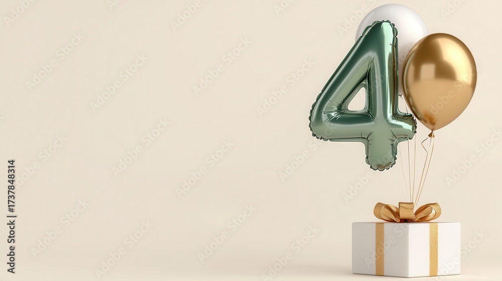 Obraz premium A metallic green number 4 balloon floats with gold and white balloons above a gift box