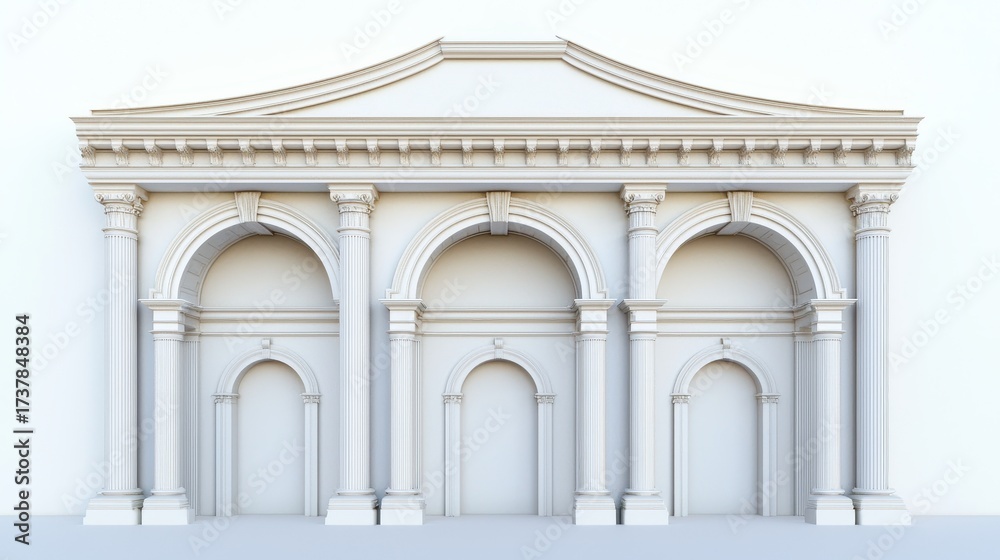 Naklejka premium Classical architectural facade with multiple arches and fluted columns in a monochrome palette