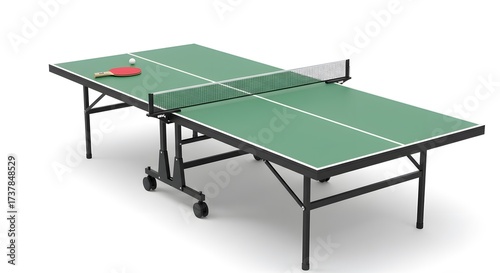 Professional Ping Pong Table with Paddle and Ball on White Background, Isolated 3D Render for Sports Equipment
