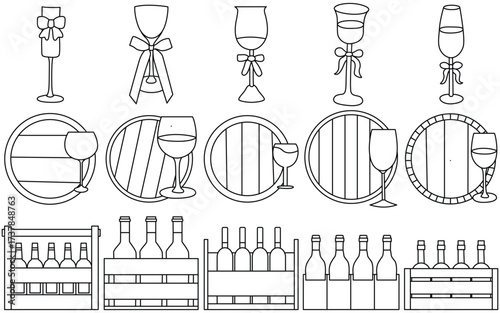 Wine Glass, Barrel, and Wooden Crate Box Outline Icons Set – Editable Stroke Vector Illustration
