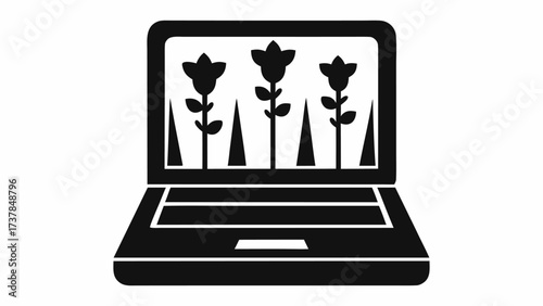 Cultivating digital growth, laptop displaying thriving garden, tech meets nature, fresh ideas blooming online, digital landscape, growth and innovation.