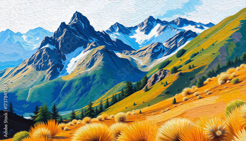 Mountain landscape . Oil painting. Artistic brush strokes.