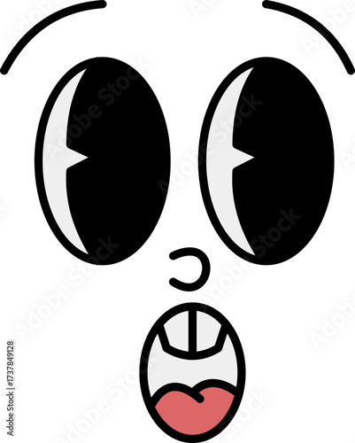 Cartoon face expressing surprise, simple graphic design with black and white