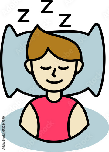 Cartoon man peacefully sleeps with zzz symbols above head on blue pillow