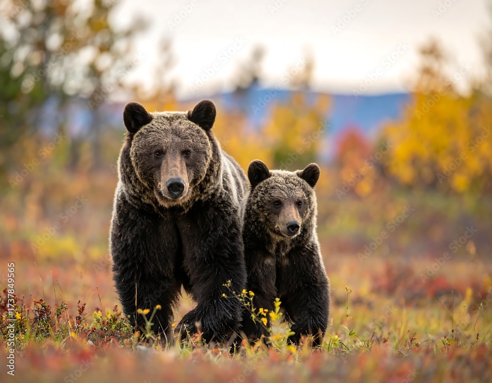 Fototapeta premium Brown bears in autumnal landscape