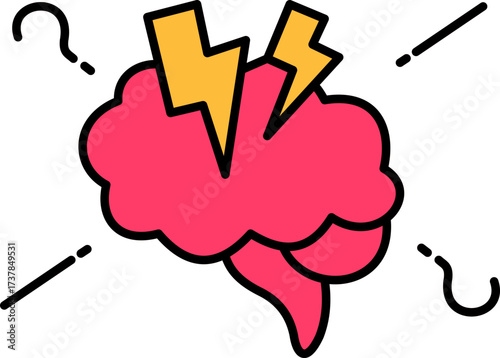 Creative brainstorm with a brain hit by lightning and surrounded by questions