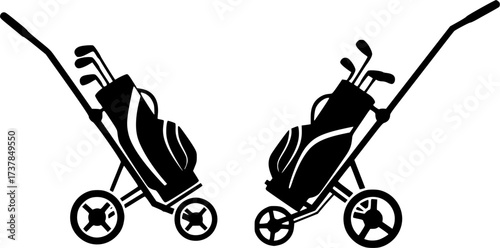 Golf push cart silhouette, Golf pull cart silhouette, Golf push cart, Golf pull cart, Golf bag trolley silhouette, Bag trolley, Golf pushcart vector