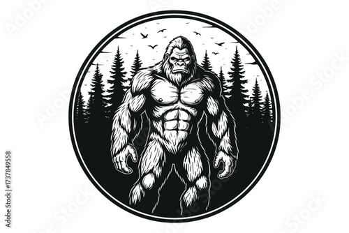 Vector art of bigfoot in the forest a muscular sasquatch with trees and birds in a circle, perfect for nature, wildlife, and mythical creature themes