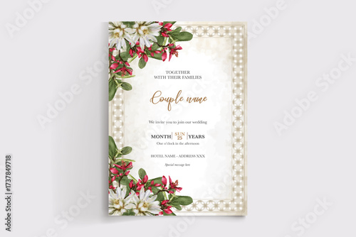 WEDDING INVITATION FRAME WITH FLOWER DECORATIONS AND FRESH LEAVES