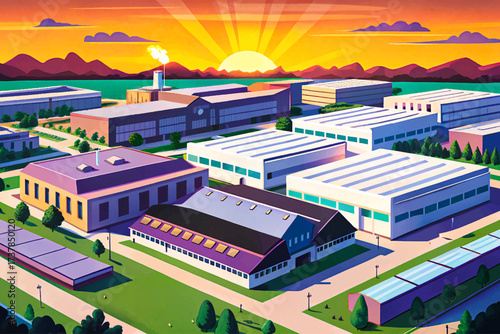 Industrial buildings, warehouses, and logistics centers captured from an aerial perspective at sunset, created in detailed vector style, ideal for stock images, industrial architecture, supply chain
