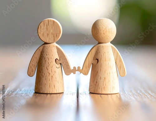 Wooden puzzle piece figures holding hands on a table