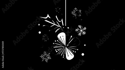 Flat Vector Christmas Decorations: Colorful Holly, Snowflakes on Dark Blue, Mistletoe Stars on Black