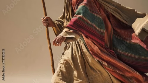 Old testament man journeying across desert with staff. Biblical era wanderer in arid landscape, ancient religious story footage.