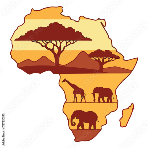 African savanna themed continent with elephants and giraffes standing gracefully in rich earthy tones