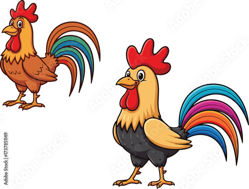 Cartoon roosters illustration, colorful farm animals, expressive poultry characters, children’s drawing style, multicolored feathers, fun chicken artwork, animated birds, white background