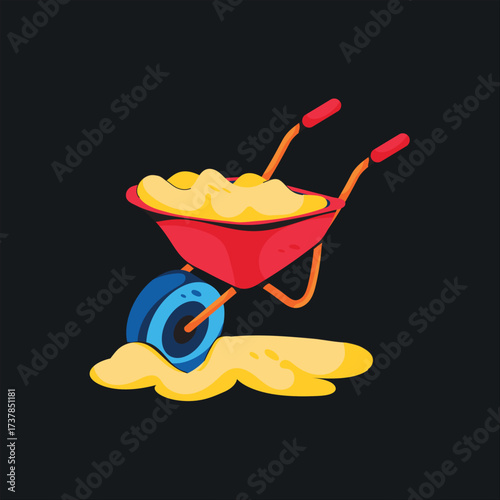 Bright Cartoon Wheelbarrow with Soil Illustration on Dark Background