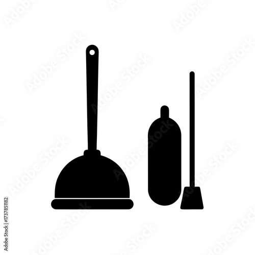 Plunger and cleaning tools black silhouette on transparent background