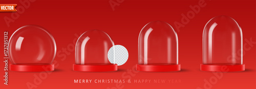 Empty 3d glass snow globes set isolated space for custom designs on red background. Christmas decorative podium with transparent glass dome for product studio. Vector realistic render snow ball globe