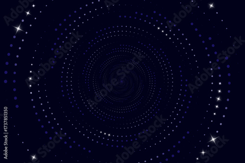 Spiral swirling particles technology background, Abstract circular techno dots, Futuristic vortex tunnel background, Vector illustration.